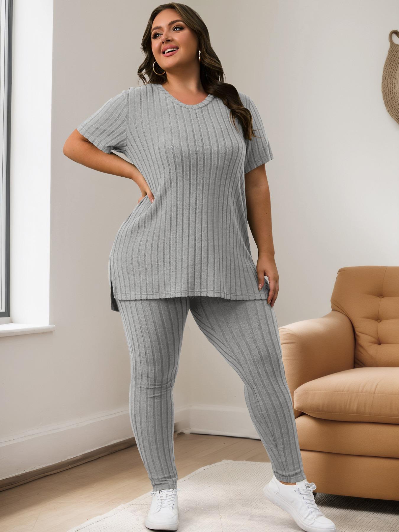 【Plus Size】 Solid Color Ribbed Tee & Elastic Waist Pants Set, Casual Fashion Cozy Two-piece Outfits for Daily Outdoor Wear, Women Clothing for Summer, Womenswear
