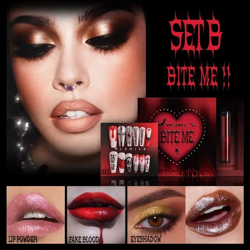 Halloween Vampire Makeup Set, Glitter Gradient Dual Color Eyeshadow Stick, Blood Effect, Matte Lipstick, Nail Art Kit, Perfect for Cosplay, Makeup Combo
