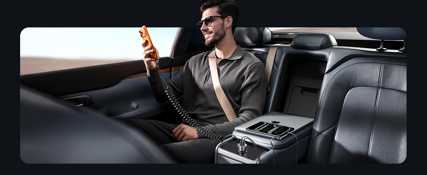 200W Car Charger USB C, PD100W Fast Charge w/100W Type C Fast Charging 5FT Coiled Cable, PD3.0/QC4.0/PPS Cigarette Lighter Phone Adapter for iPhone 17/16 ProMax, MacBook Pro/Air, Samsung S26/S25, iPad