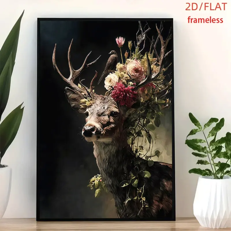 frameless Floral Deer Woodland Wild Spirit Charm Art Decor Print Poster, Wall Art for Living Room, Bedroom, Office, Dining Room & Bar, Perfect Gift & Home Decor, 12in x 16in