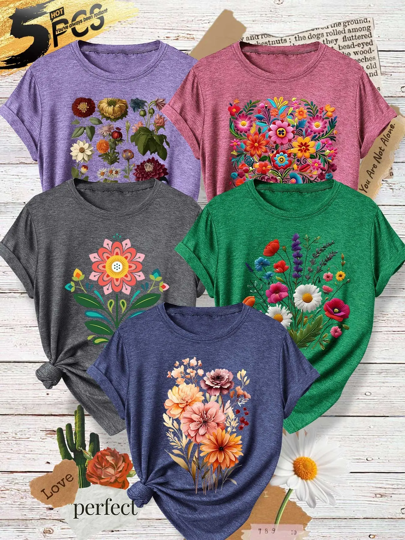 Five-Pack Women's Round Neck T-Shirts, Multicolor Folk Art Floral Print, Soft and Comfortable, Casual Fashion Top