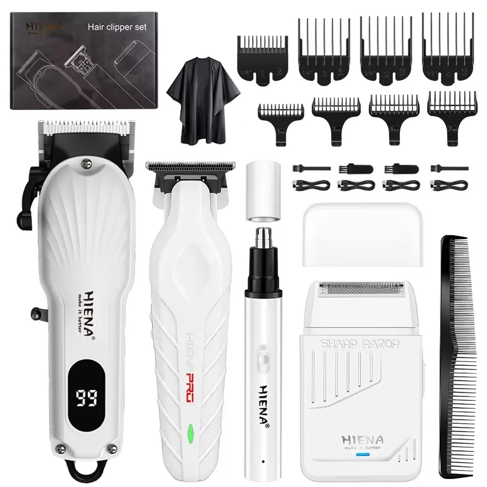 Men's white electric hair clipper set, 4-piece set, hair clipper for hairdressers, professional hair clippers, home hair clippers, hair cutting tools, portable razors, personal care, men's beauty, holiday gifts, Christmas gifts