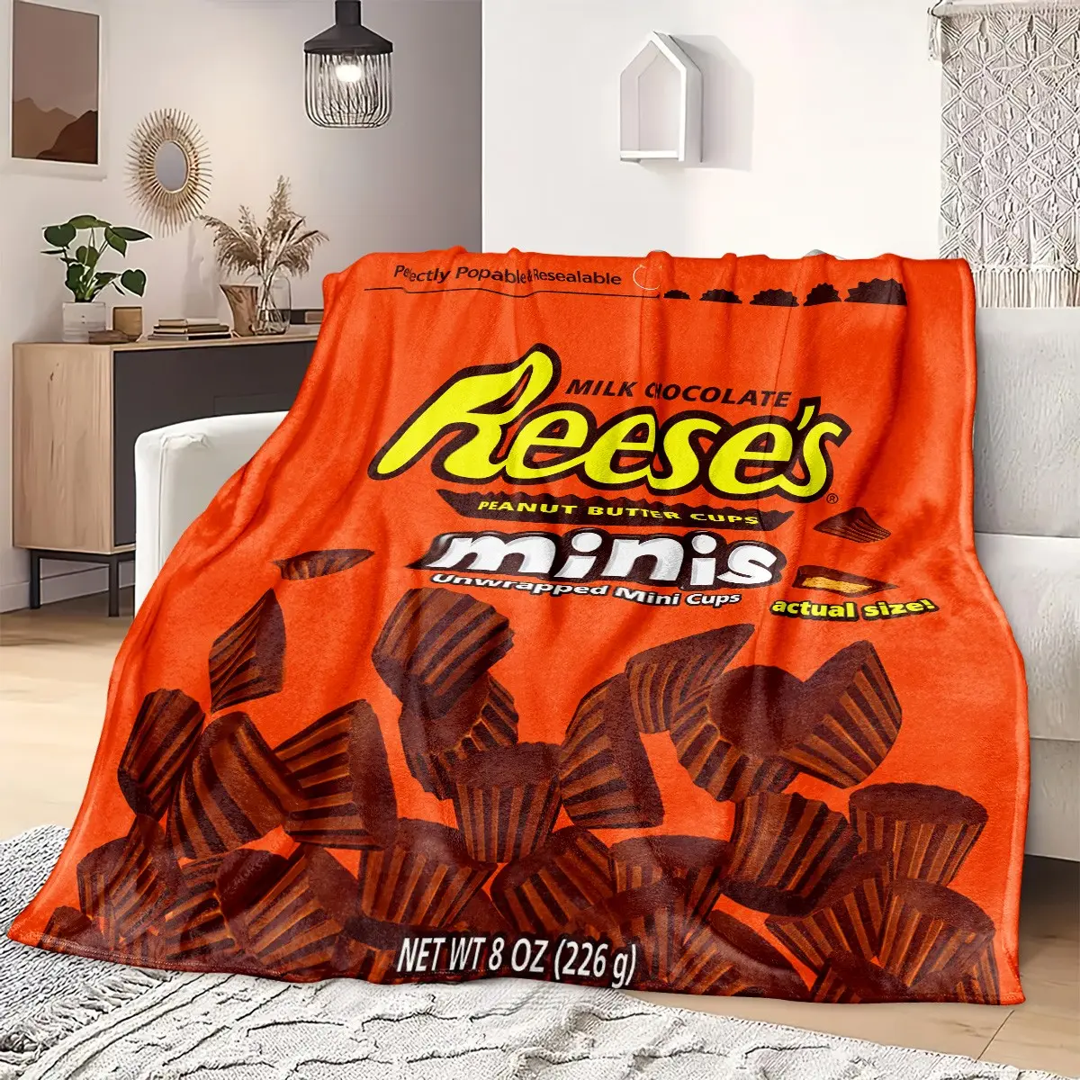 1pc Reese's Peanut Butter Chocolate Cups Fleece Blanket, Printed Blankets, Orange Brand Packaging, Mini Chocolate Cups & Peanut Butter Dessert Print, Retro Snack Style. Soft Warm Multi-use Throw for Sofa, Bed, Perfect Christmas Gift, Blanket Gifts