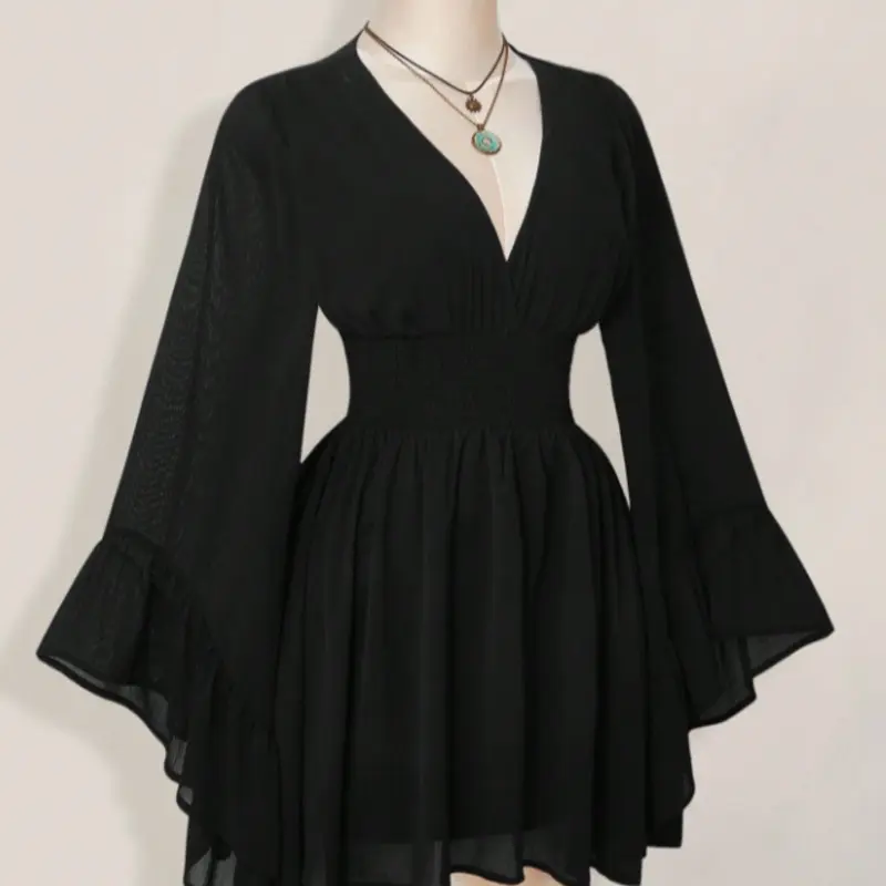 【Black Friday】Women's Gothic-Inspired V-Neck Mini Dress with Smocked Waist and Long Bell Sleeves #GLOBAL PICKS