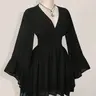 【Black Friday】Women's Gothic-Inspired V-Neck Mini Dress with Smocked Waist and Long Bell Sleeves #GLOBAL PICKS