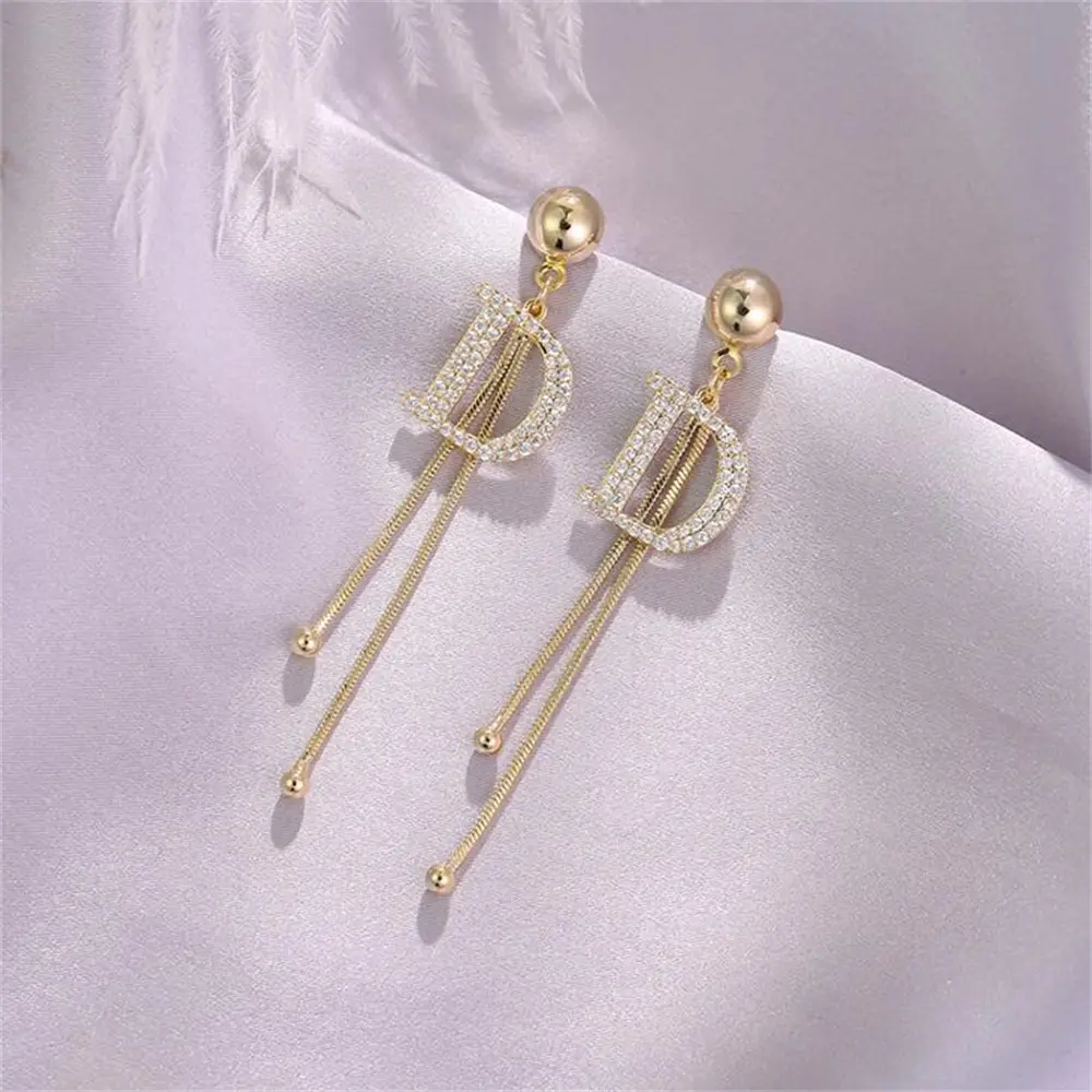 Bead Tassel Long Simple Earring  Gold Color Crystal Letter D Earrings Elegant Jewelry Accessories