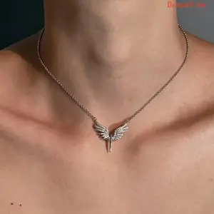 Silver Tone Cubic Zirconia Angel Wing Necklace, Dainty Faith Style Unisex Pendant Jewelry For Daily Matching
