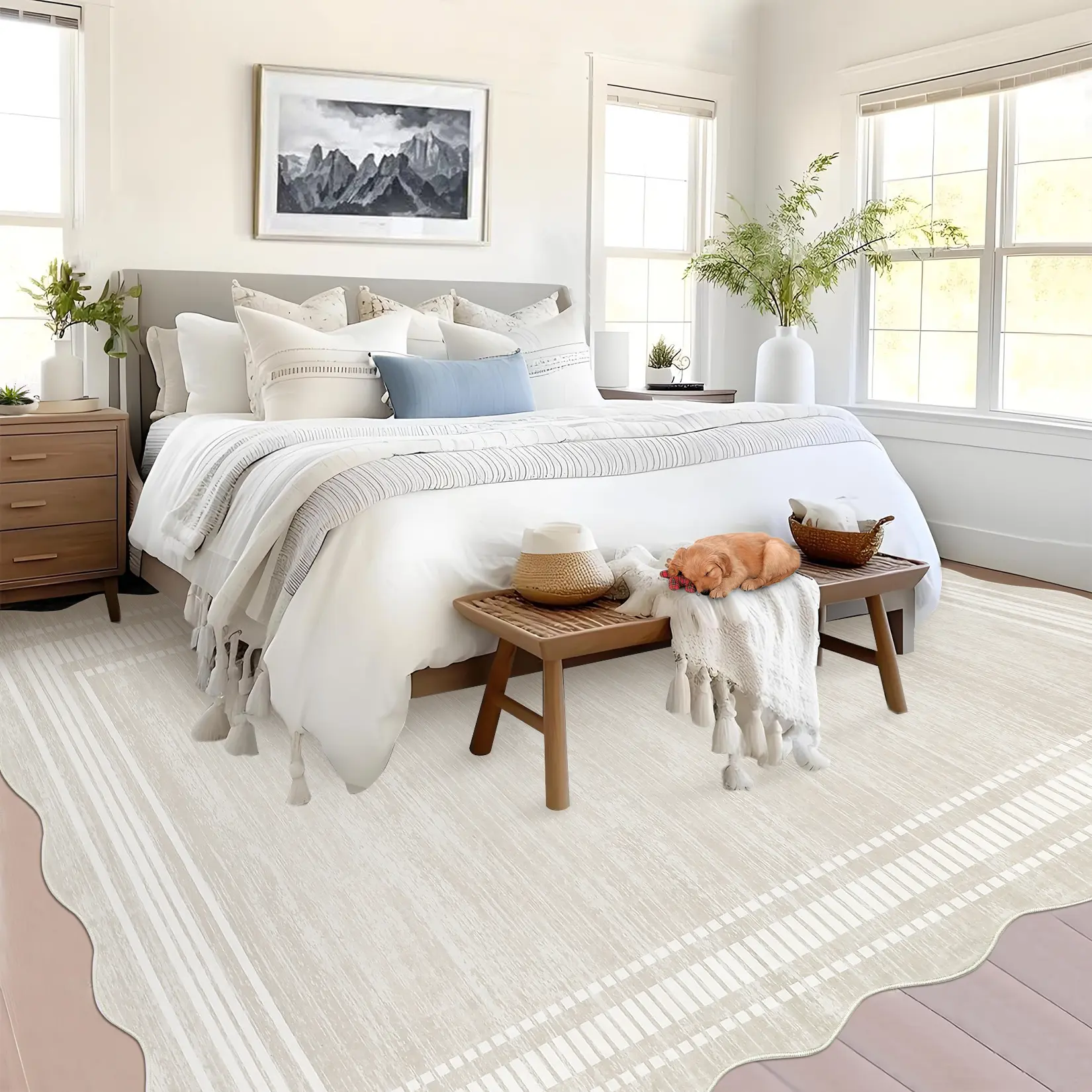 8x10 Washable Area Rug, Modern Minimalist Printed Pearl Velvet Carpet, Foldable Soft Polyester Rug for Living Room Bedroom Dining Room, Camel