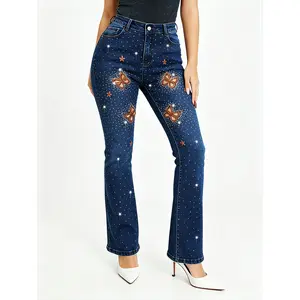 Deep Blue Mid Rise Micro Flare Jeans | Butterfly Embroidery + Rhinestones, Stretchy & Breathable, Sizes up to XXXL