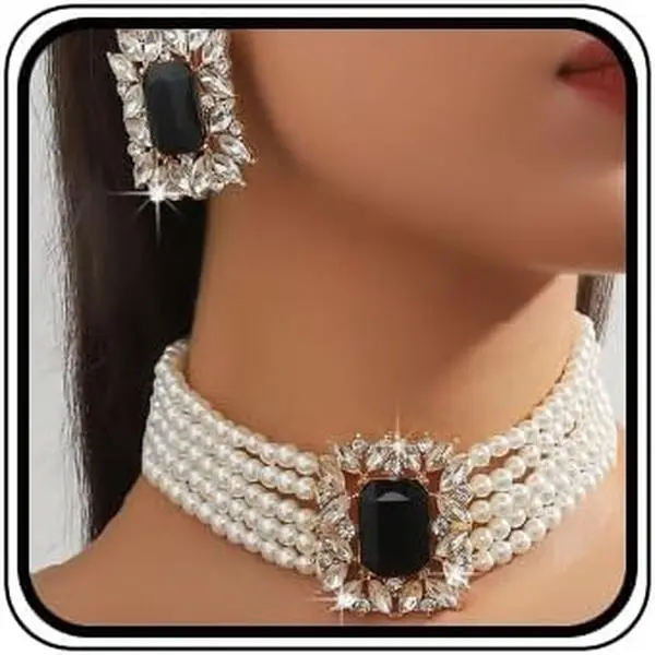 Boho 1920s Faux  Necklace Earring Set Bride Faux  Rhinestone Necklace Earring for Prom Bar Party Wedding