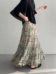 French Romantic Multicolor Pleated 4-Layer Patchwork Pocket Chiffon Floral Dress, Summer New High Waist Flowy Loose Country Style Skirt, Suitable for Daily and Vacation