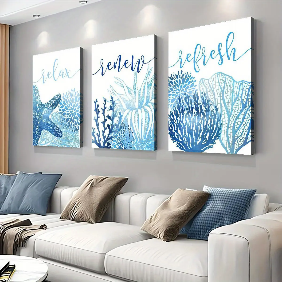 3pcs Ocean Blue Bathroom Art Set - Starfish & Coral Canvas Prints, Waterproof Wall Decor for Bedroom, Living Room, Home Office - Modern Pine Wood Framed Canvass-Wrapped Canvas