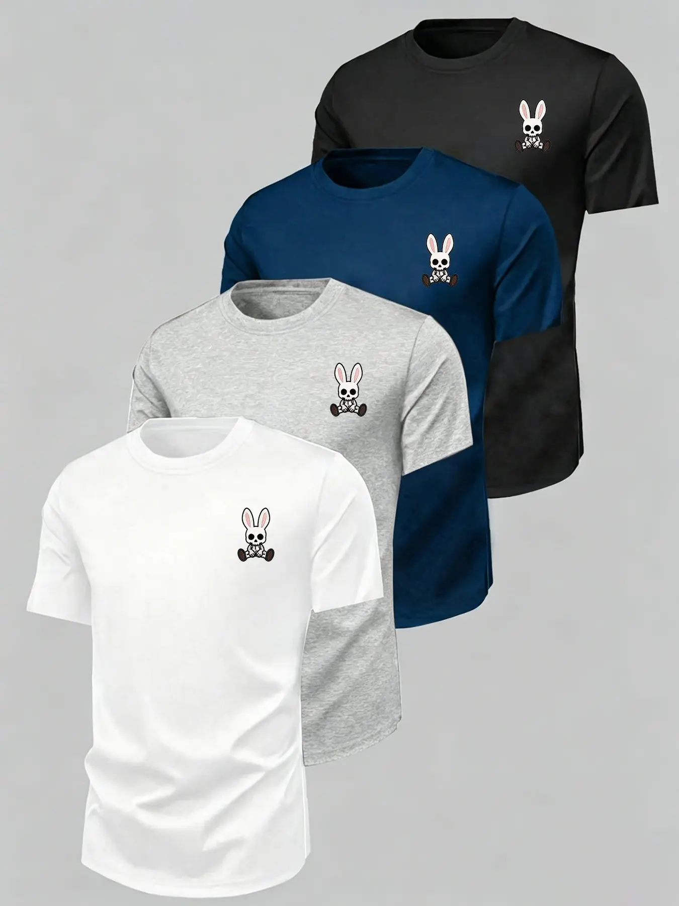 4 Pcs Trendy Short Sleeve Tops, Streetwear, Outdoor Activities, Casual Wear, Bunny Skull Print, Breathable Fabric, Unisex