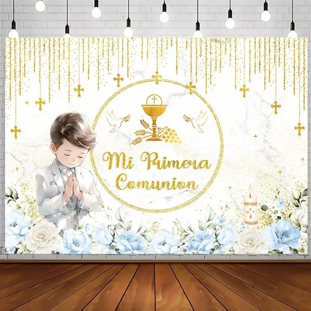 Wrinkle-Resistant First Holy Communion & Baptism Backdrop, Gold Dots-Flowers-Cross Design, Kids Party Decor Banner for Birthday/Anniversary, All-Seasons Photo Background for Boys & Girls
