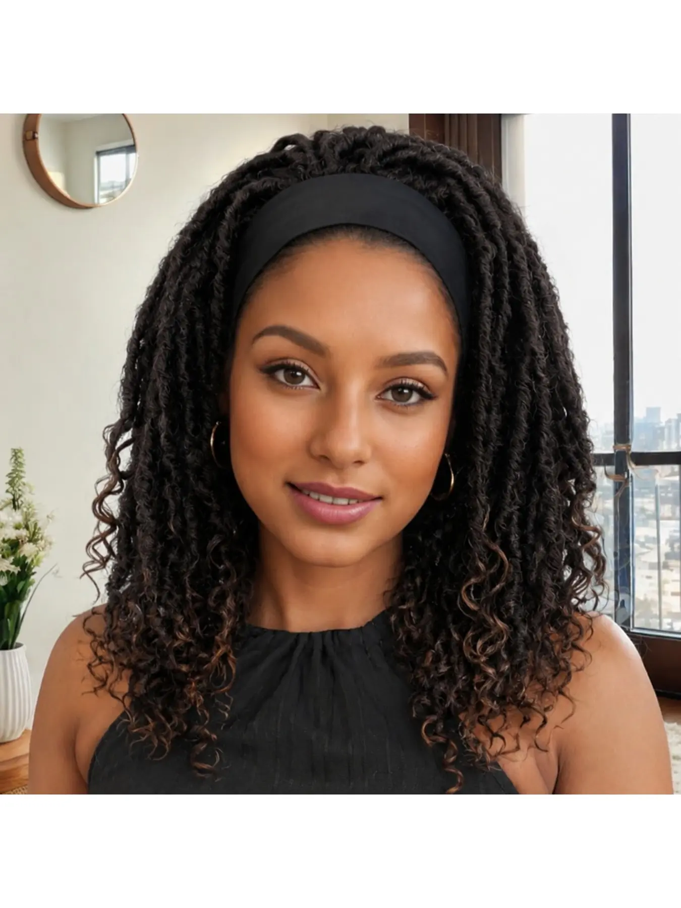 Ombre T30 Faux Locs Dreadlock Headband Wig 16 Inch Synthetic Wig For Black Women Daily Styling Braided Wigs With Bohemian Curly Ends Wearable Without Lace Convenient Hair Wigs