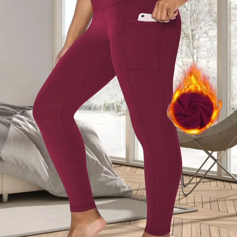 Plus Size Solid High Waist Pocket Thermal Lined Leggings, Casual Comfy High Stretch Skinny Pants for Daily Wear, Women's Bottoms for Fall & Winter, Womenswear, Lady, Clothing