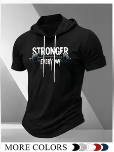 Men Drawstring Hooded Short Sleeve Gym T-Shirt Stronger Every Day Drip Ink Barbell Graphic Print Quick Dry Muscle Fit Athletic Base Layer For Weightlifting Bodybuilding Jogging Outdoor Daily Street Wear 2026 Trendy #gymhoodtee #weightliftingtop #musclefit