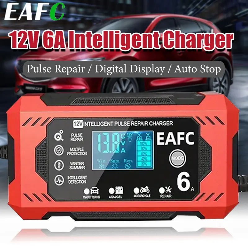 12V 6A Car Battery Charger Smart Battery Trickle Charger 12V Battery Maintainer LiFePO4 Compatible with Advanced Pulse Repair & Maintenance Battery Charger for Car, Truck Motorcycle Lawn Mower Marine Lead Acid Charger