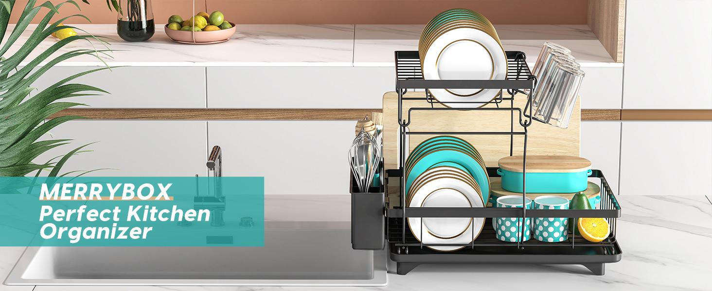 Dish Drying Rack Large Capacity 2 Tier Dish Drying Rack Multifunctional Rustproof Dish Racks for Counter with Large Utensil Holder, Cup Holder, Black