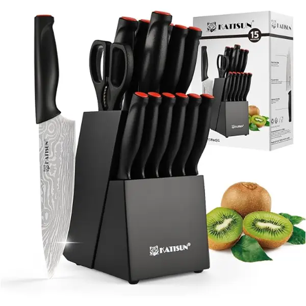 15-Piece German Stainless Steel Damascus Pattern Kitchen Knife Set with Wood Block, High Carbon Steel Chef Knives, Sharpener, Scissors, Ergonomic Black Anti-Slip Handles with Red Trim, Ideal for Professionals, Steak, Includes Sharpener