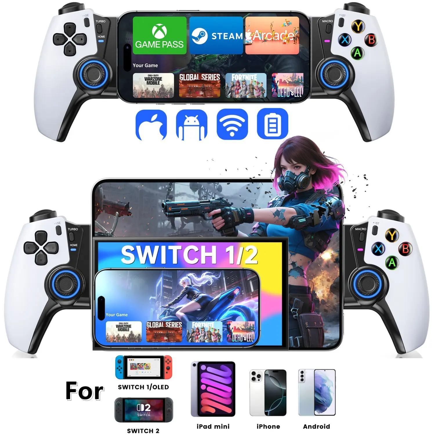 Durable Wireless Bluetooth Mobile Gaming Controller - Console Remote with Hall Effect Joystick, RGB, Programmable Back Buttons, Extendable Design, Turbo, Pure White-PS5 Layout for Switch 2/1/OLED, Smartphones, Custom Magnetic Cloud Gaming Accessories, Han