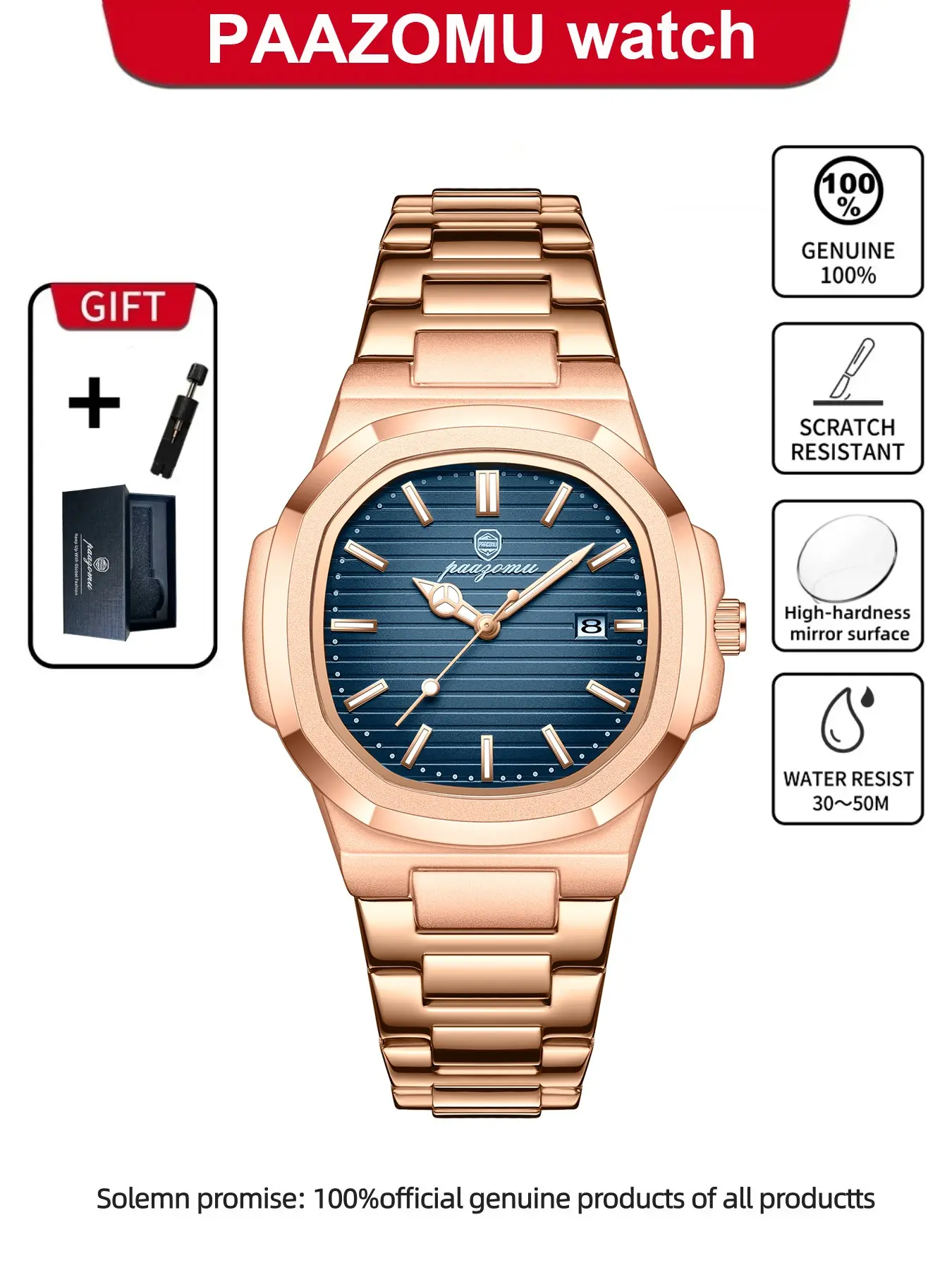 Paazomu Square Luxury Men Wristwatch, Waterproof Luminous Date, Stainless Steel, Business Sports Quartz Watch, Men's Fashion Timepiece