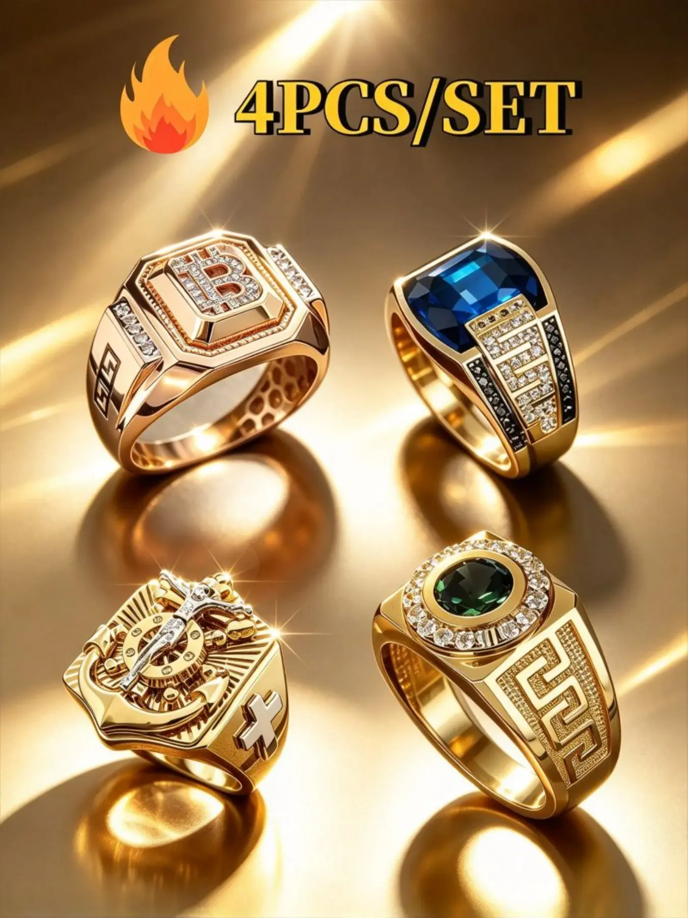 Multi‑Theme 4Pcs Signet Elegant Ring Set, Unisex Rose Gold & Gold, Crypto Anchor Cross Blue Sapphire Black Onyx Cubic Zirconia Wide Band Statement Jewelry, Business Wealth Faith Gift For Him Her, Stunning Ring Set, Elegant Fashion Rings