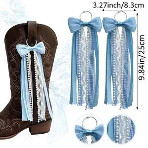 Western cowboy boot ribbon pendant decoration, western boot accessory - blue bow sequin and pearl decorated cowboy boot ornament Lace Hangable