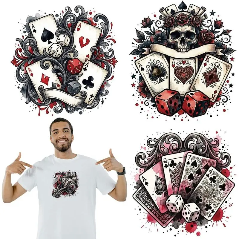arricraft 4 Sheets Playing Cards Theme Iron on Stickers, Gothic Dark-Themed Cards Dice Skulls Print Transfer Stickers Decals for DIY T-Shirt Jeans Backpacks Families Clothing Hat Decoration Applique