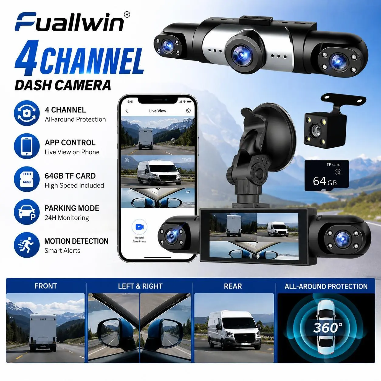 Fuallwin 4-Channel  Dash Cam,(Not wireless) 1080P Full HD Front+720P Rear Left Right Coverage, Requires charging to use, G-Sensor, With Free 64GB Memory Card,  Car Dashboard Camera / Safe Driving Black Box dash camera car XZ3