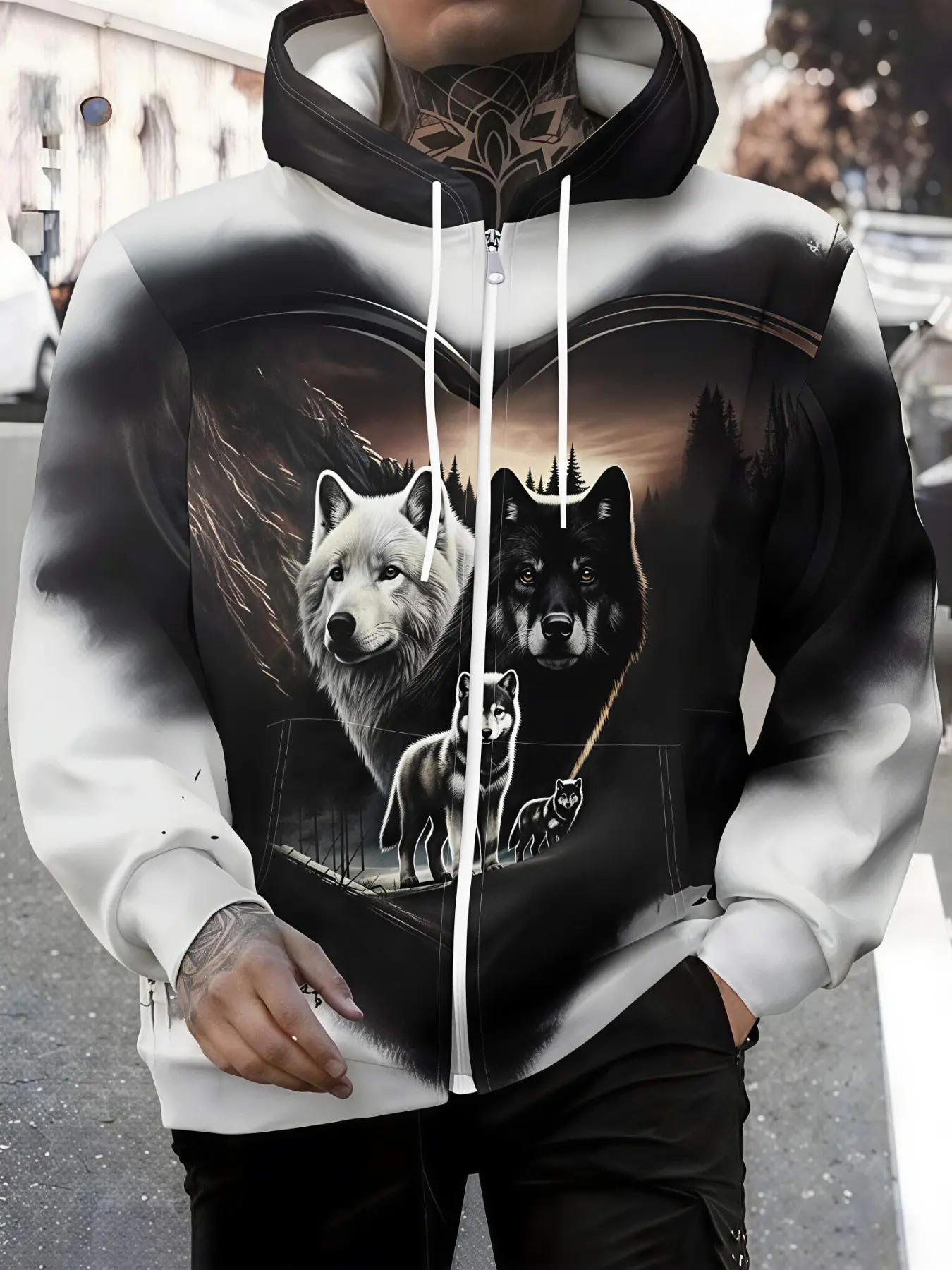 Forest Wolf Family Gradient Full Print Soft Stretchy Plus Size Men Zip Up Hoodie, Wilderness Street Daily Outfit, Long Sleeve Hooded Jacket, Viral All Season Fashion Outerwear