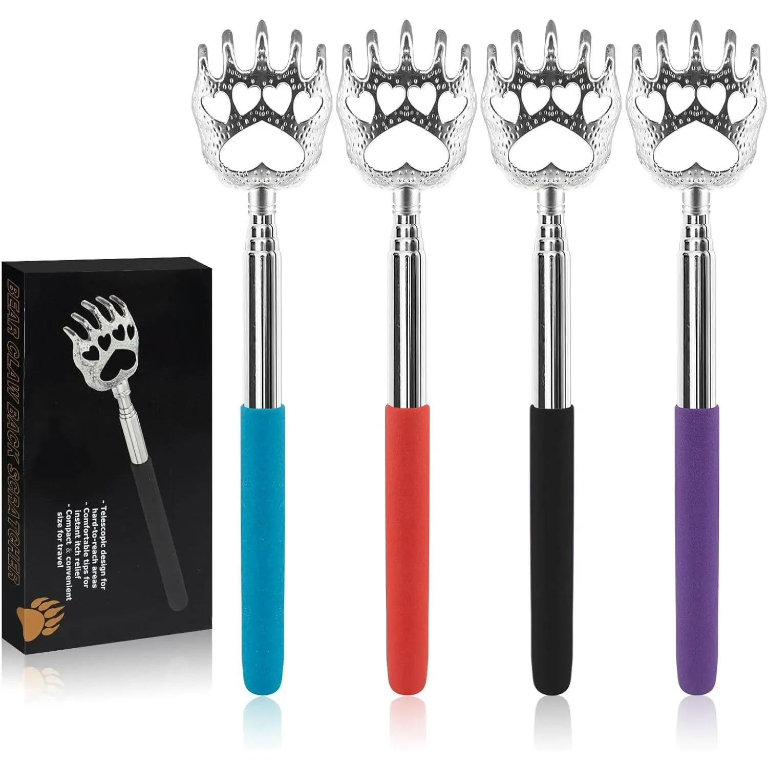 (4-count) Portable Extendable Telescopic Bear Claws Metal Back Scratchers/Hand Massager/Backslap with Rubber Handles