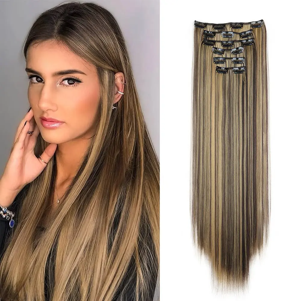Long Straight Clip-In Hair Extensions, 6-Piece Synthetic Hair Extensions Set with 16 Clips, Natural Look & Full Volume, Easy to Apply for Daily Wear, Parties, Weddings & Special Occasions