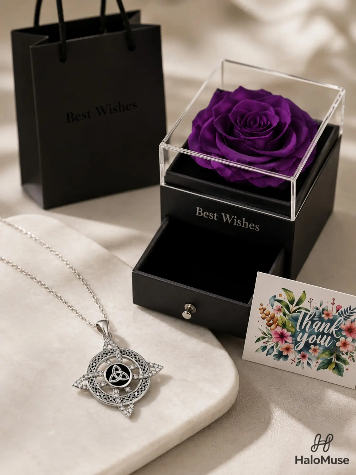 Halo Muse 1 Set Celtic Triquetra Diamond Necklace Gift Set, Mysteriously Stylish Silver-Tone Geometric Pendant with Purple Rose Box & Card, Birthday Anniversary Gift for Women