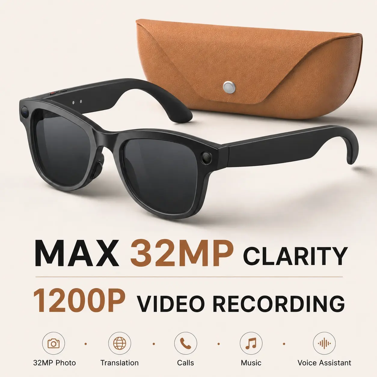 2026 New Vlog Smart Audio Sunglasses, Multifunctional Wearable Eyewear with 32MP PHOTO & Native 1200P Video Recording, Dual-Core Chip, Real-Time AI Translator & Wireless Voice Assistant, Wi-Fi 4 Connectivity, IP65 Sweatproof