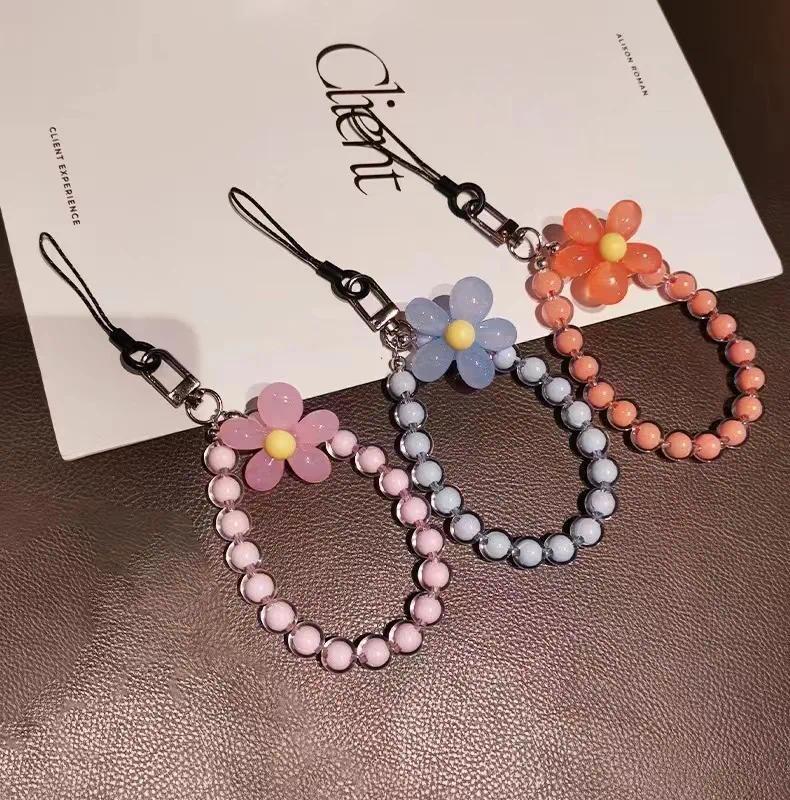 Colored bead petal Lanyard for IPhone Anti-Lost Bracelet for Samsung Mobile Phone Case Wrist Strap Car Keychain Cute Phone Charm