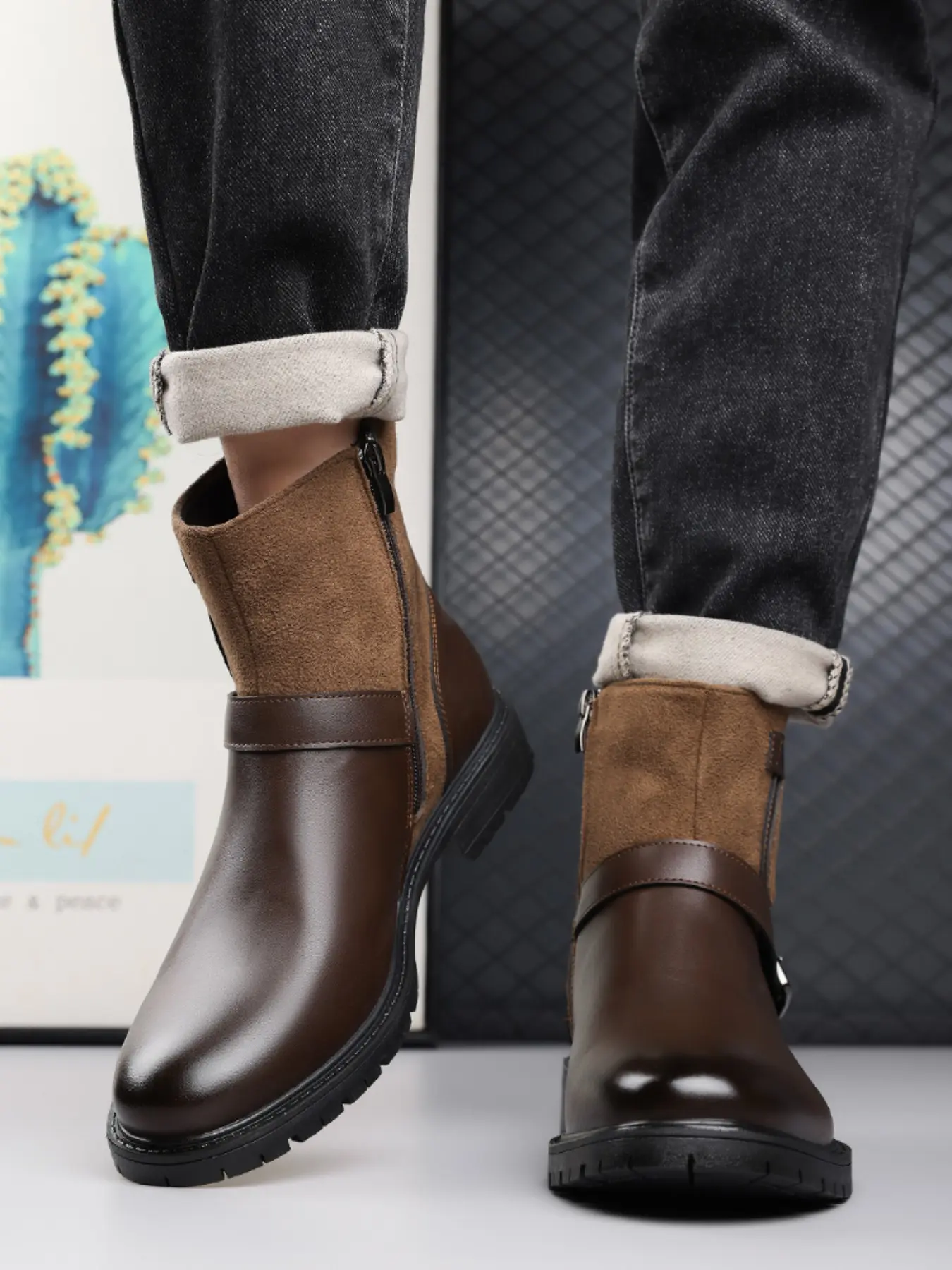 Men's Patchwork Motorcycle Boots, Dual Buckle Design, Side Zipper, Gear Sole, Comfortable and Stylish, Trendy Footwear, Modern Boot, Motorcycle Casual Boots