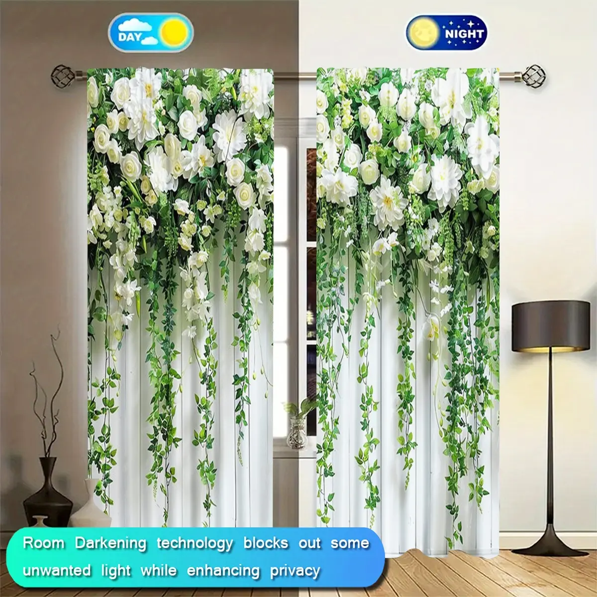 Vine & Floral Print Curtains Set, Semi-Transparent Polyester Fabric, Rod Pocket Design, Bedroom Living Room Decor