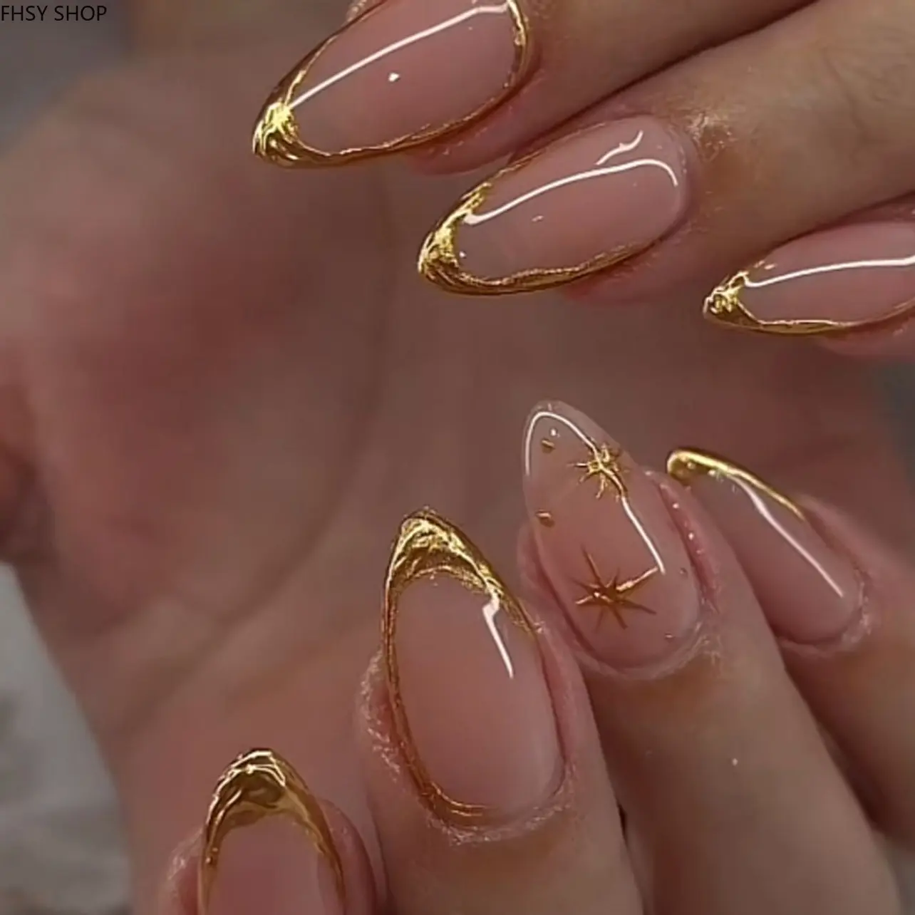 24Pcs Reusable 3D Gold Foil Press-On Nails, Short Almond Glossy Fake Nails with 30pcs 15 Sizes, Easy DIY Manicure Kit for Women, Cross-Border Hot Sale for Daily Style & Gifts
