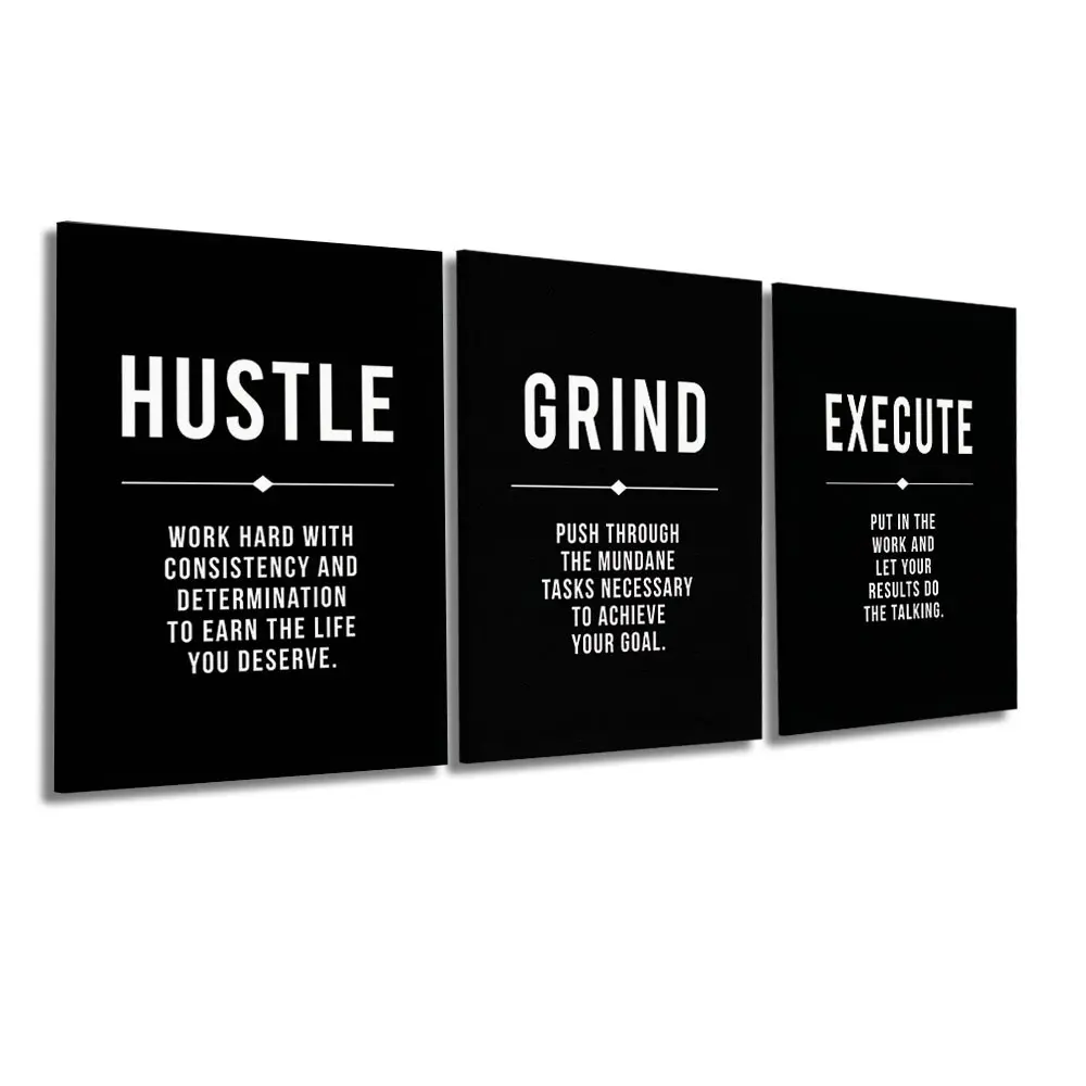 3-Panel Wooden-Framed Canvas Wall Art, Black Background Hustle Grind Execute Motivational Text Print, HD Canvas Prints, Inspirational Wall Decor For Office & Workspace, Modern Home Art, Ideal Entrepreneur Gift