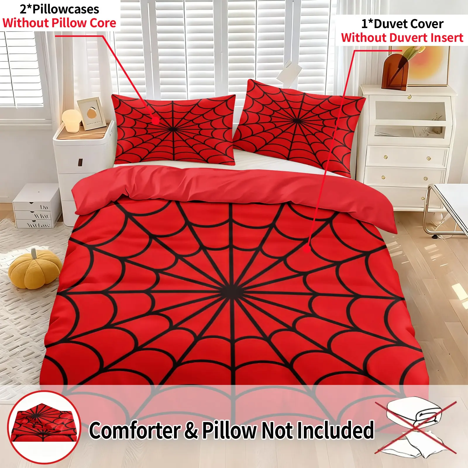 3Pcs Cool Spider Web Duvet Cover Set, Vibrant Red & Black Spiderweb Pattern Bedding Set, Spider Web Design, Stylish Bedroom Decoration for Kids Boys Teens, 1 Duvet Cover & 2 Pillowcases, No Filling