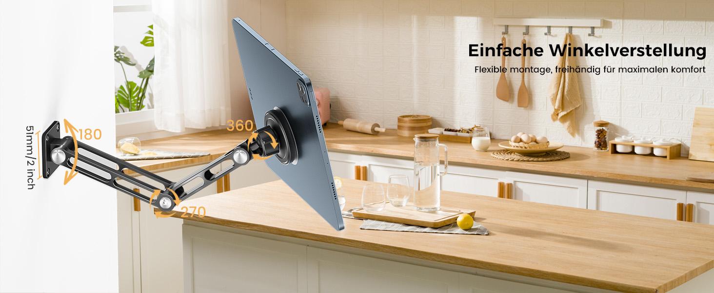 OHLPRO Tablet Wall Mount Magnetic Aluminium 360 °     Rotating iPad Wall Mount Extendable & Foldable Tablet Holder Wall for Office Kitchen Gym, Universal All Phones & Tablets