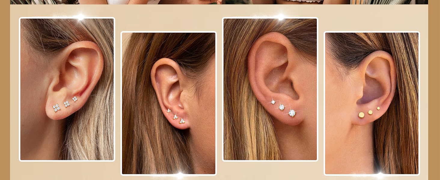 YADOCA 14K Plated Gold Stud Earrings For Women Hypoallergenic - 925 Sterling Silver Small Earrings Stacks For Sensitive Ears Trendy Dainty Cute Cubic Zirconia Heart Flower Cartilage Tragus Earring Sets For Multiple Piercing Jewelry 3Pairs