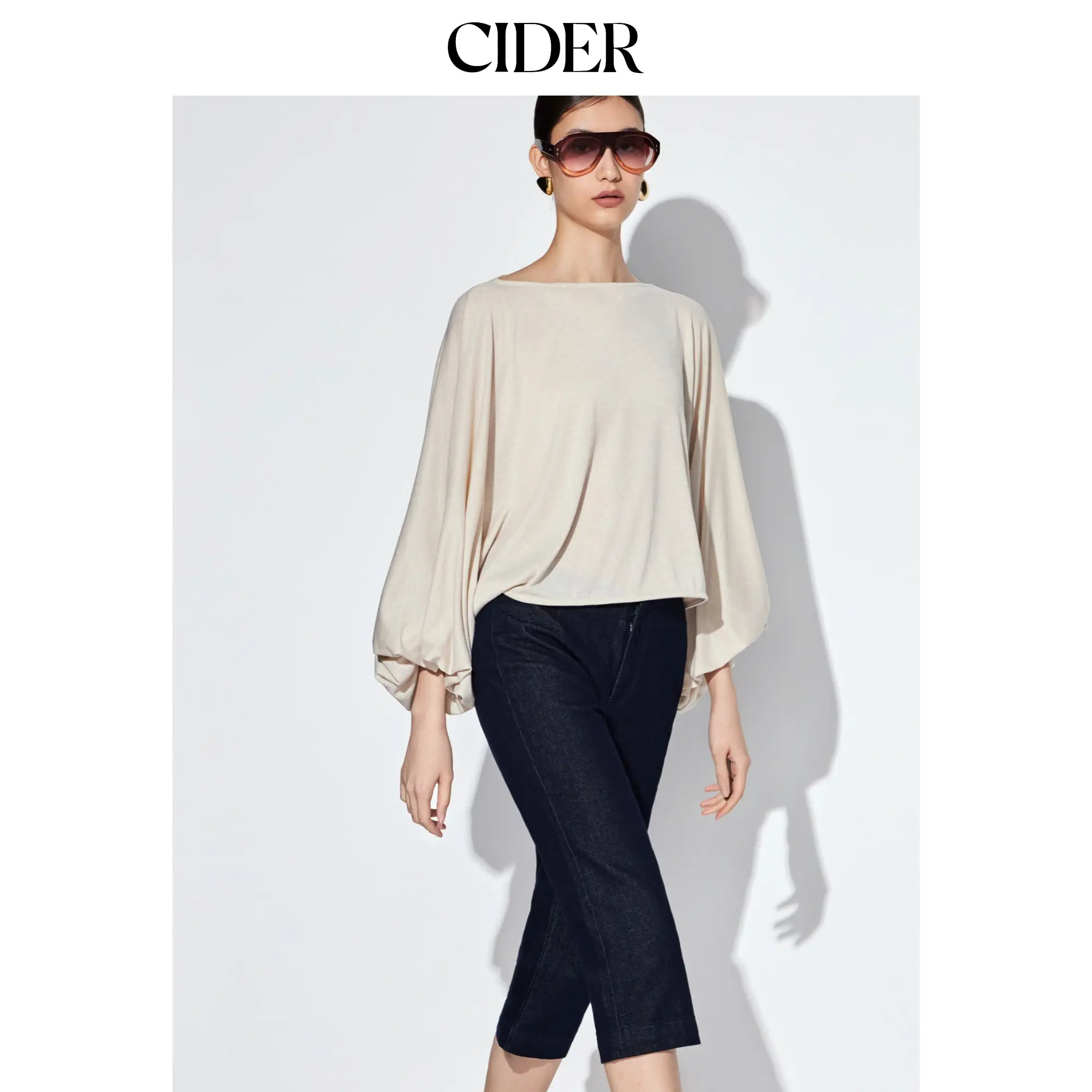 Cider Boat Neck Lantern Sleeve Oversized Crop Top