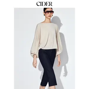 Cider Boat Neck Lantern Sleeve Oversized Crop Top