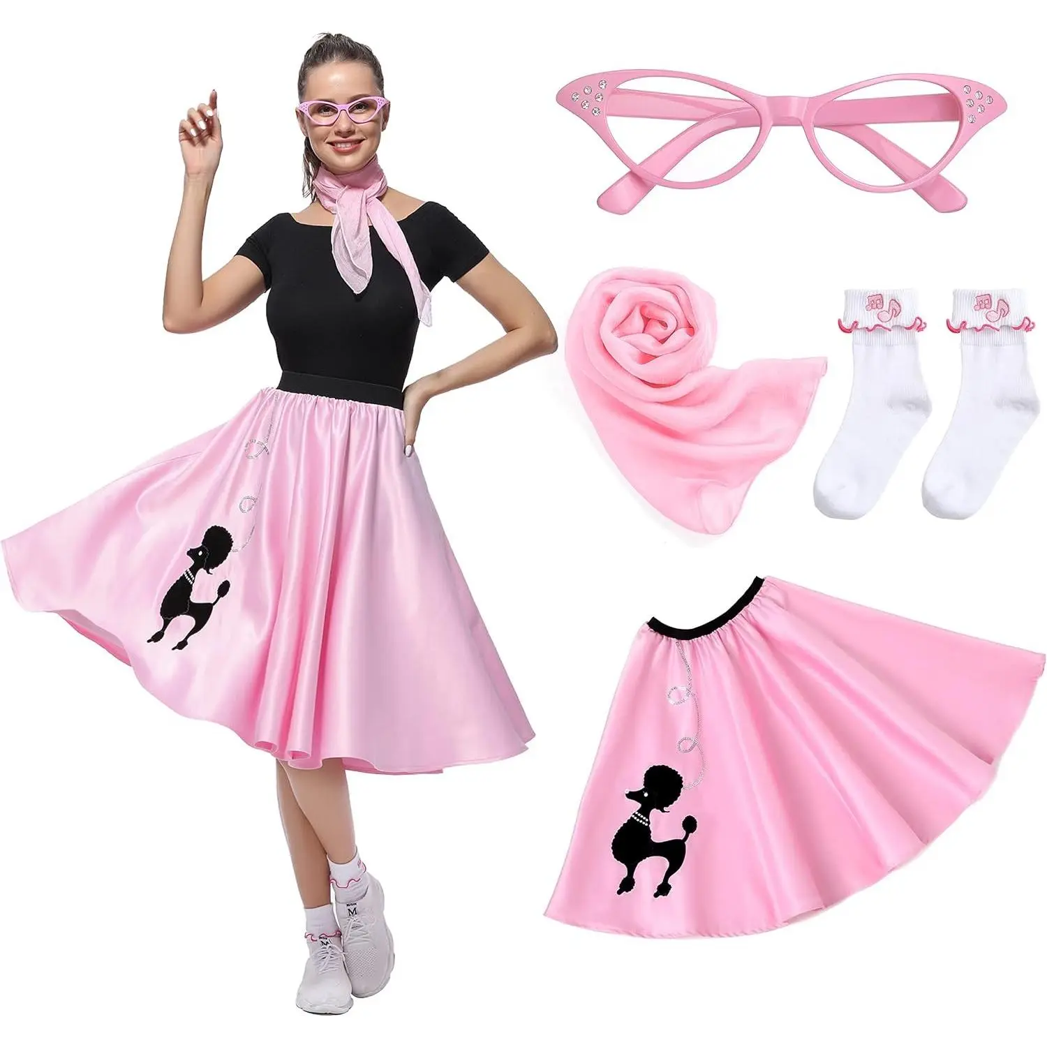 Women's 1950s Poodle Skirt Costume Set with Glasses, Scarf and Socks - Sock Hop Outfit(Gift)