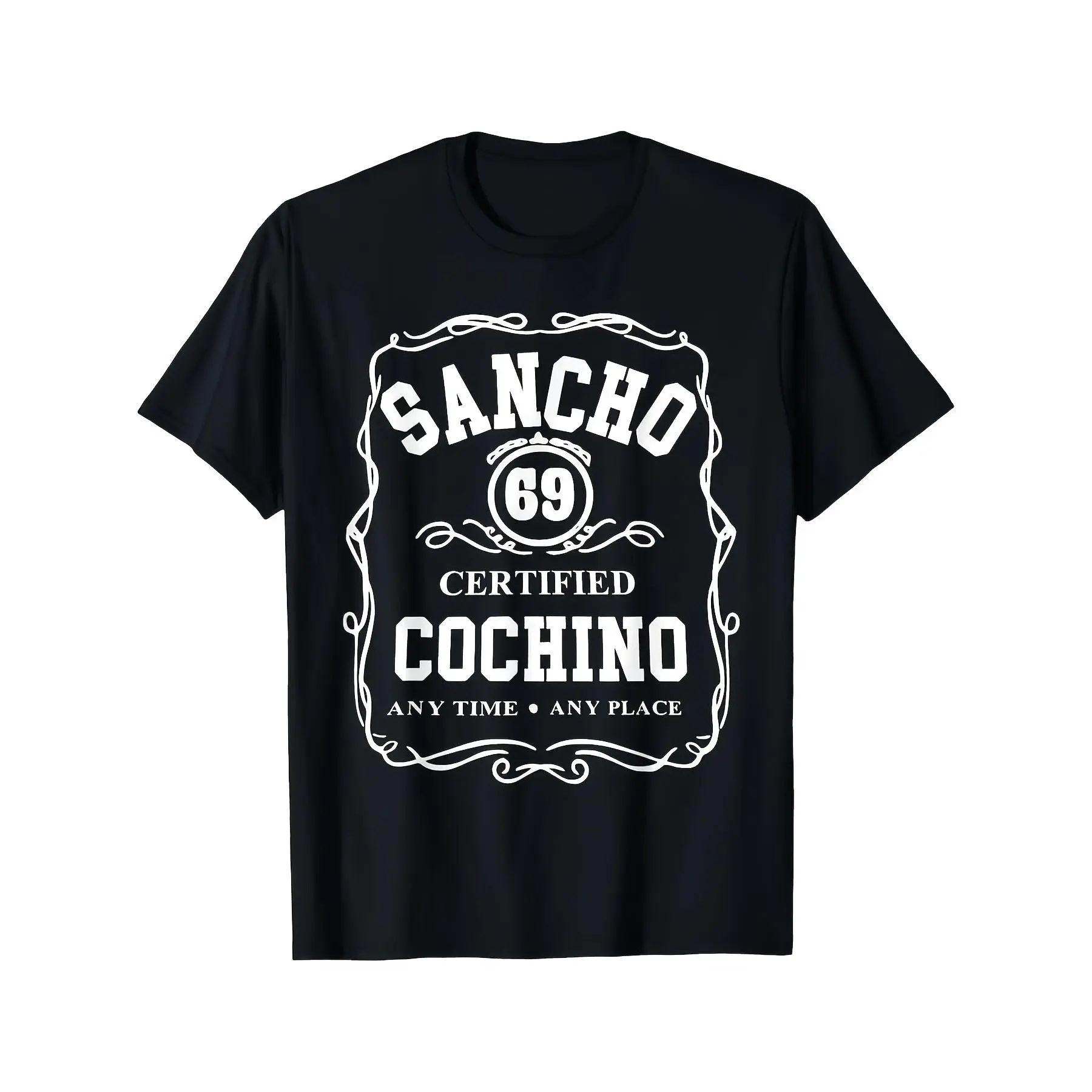 Men'S Retro SANCHO 'COCHINO' Graphic Tee - 100% Soft And Breathable Short Sleeve Round Neck Shirt, Black And White Vintage Style, Machine Washable Casual Wear for Daily Use - Perfect