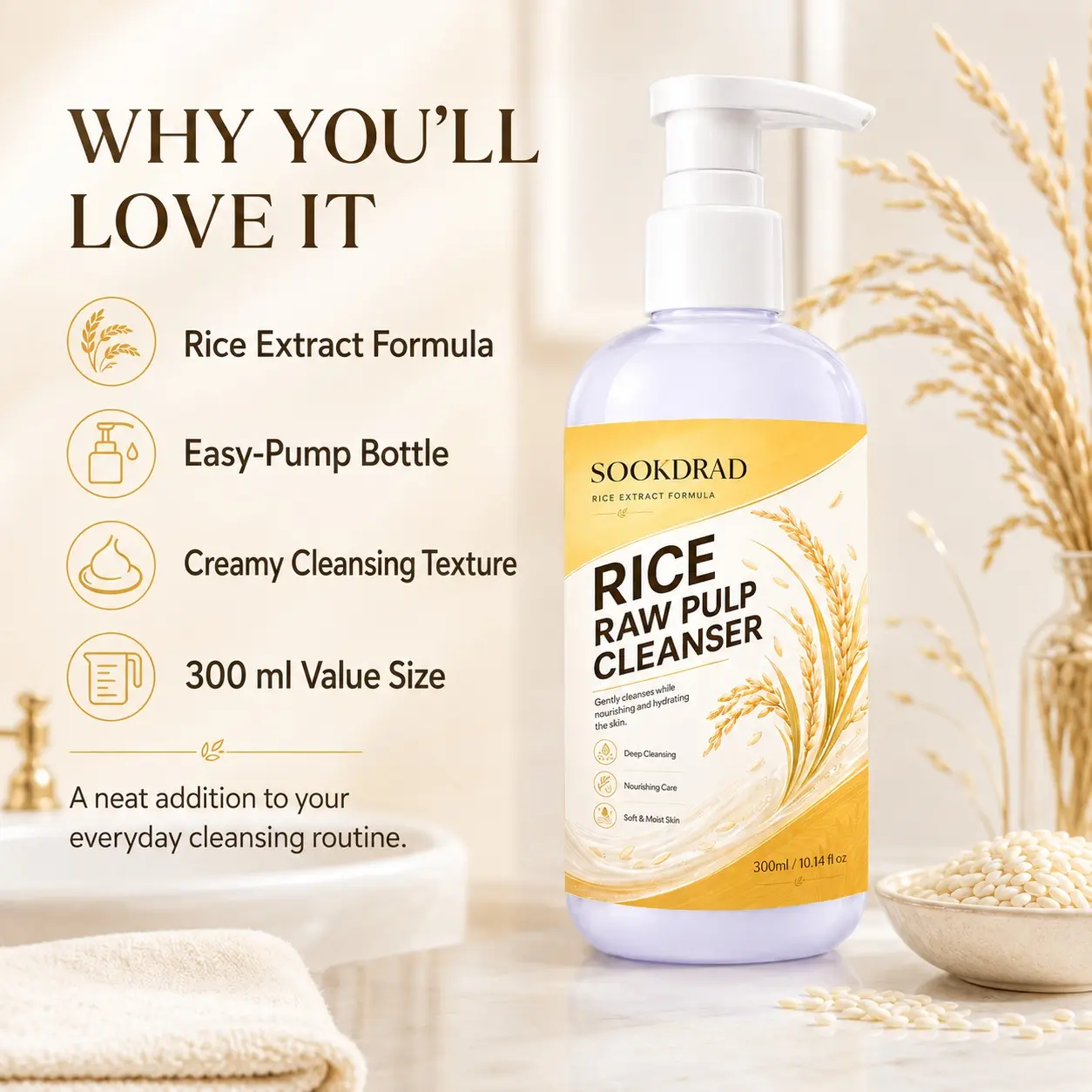 Rice Raw Pulp Cleanser, rice extract, gentle cleansing, deep cleansing, nourishing care, hydrating, soft moist skin, facial cleanser, 300ml/10.14fl oz