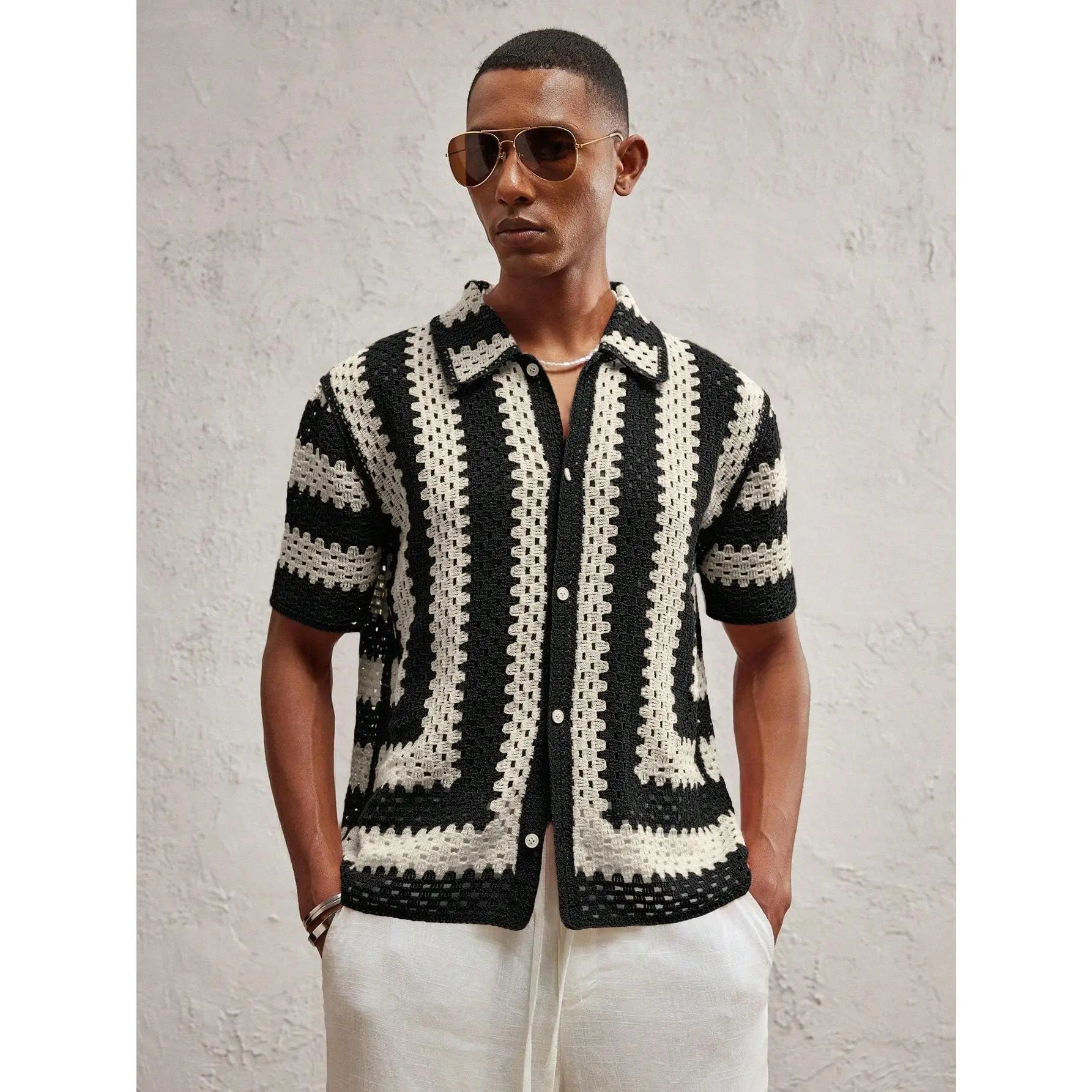 Men's Vintage Striped Collared Crochet Knit Shirt, Soft Hollow-Out Button-Down with Short Sleeves for Casual Summer, Beach, or Dating, Shopping, Soft And Comfy, Cargo, Fabric, Beach Outing