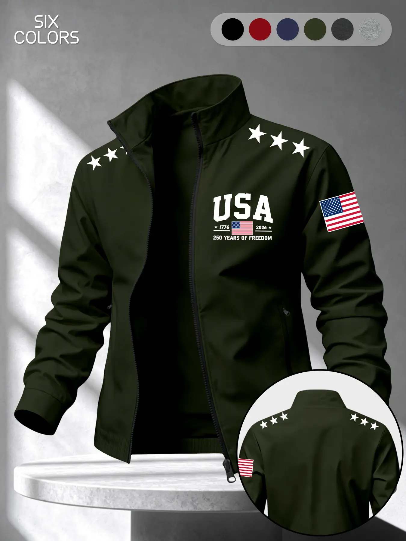 Men's Long Sleeve Loose-Fit Jacket, Usa Memorial Stand Collar Zip Pocket Coat, 1776-2026 Freedom 250th Anniversary Flag Print Top